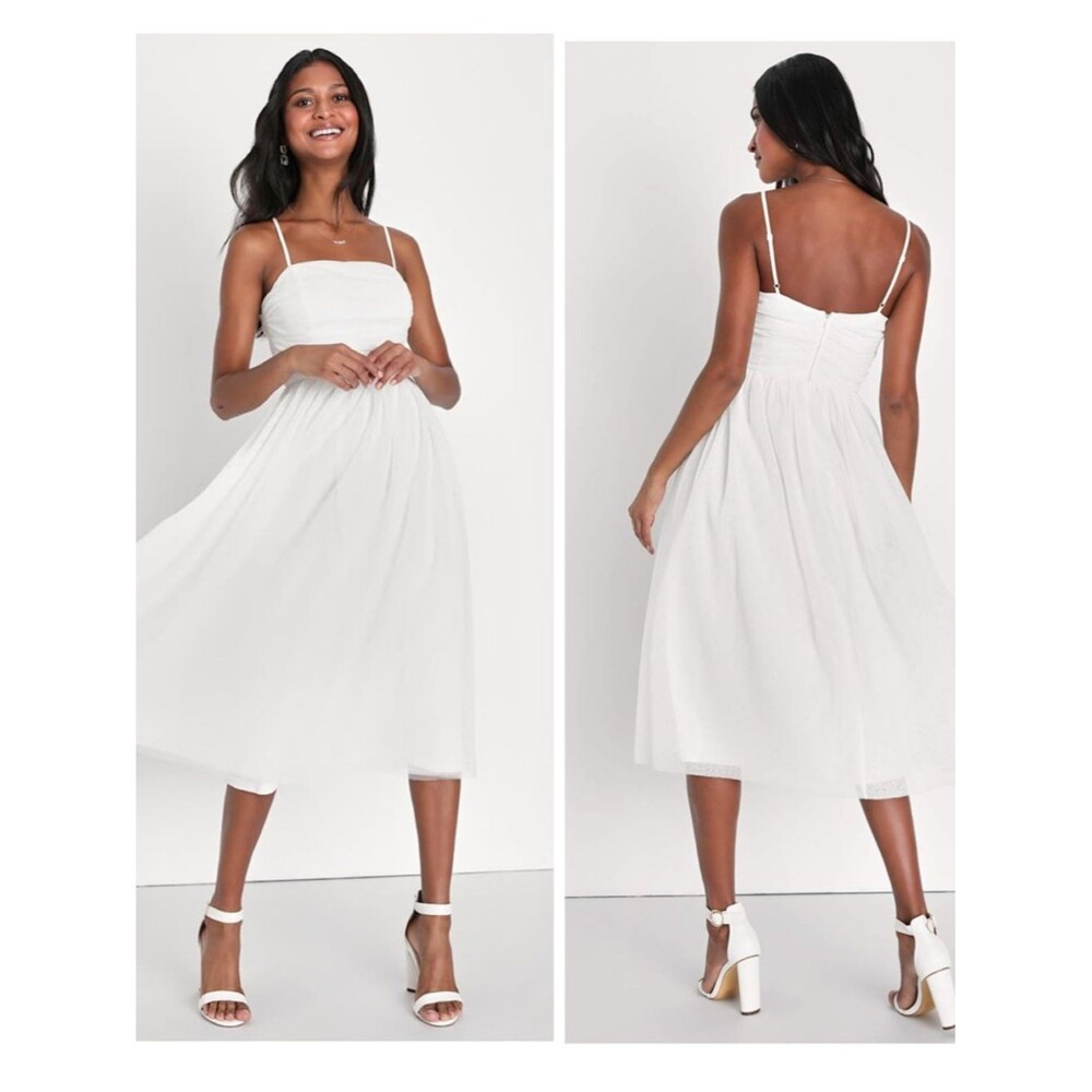 Lulus Darling Sweetheart White Swiss Dot Ruched Midi Dress Size XS bridal Shower